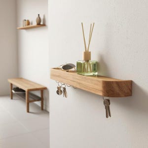 Wooden Minimalistic Key Holder – Solid Oak Entryway Shelf Rack with Hooks Magnets