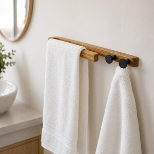 Functional Oak Towel Rack with Black Knobs: Wall-Mounted Bathroom Organizer