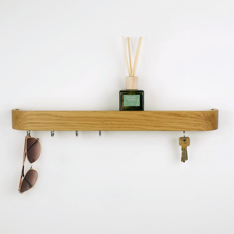 Entryway shelf rack with hooks and hidden magnets, solid oak minimalistic key holder for hallways decorate and modern entry way organization.