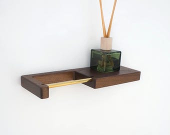 American Walnut Toilet Paper Holder with Brass Handle, Minimalist Shelf Storage