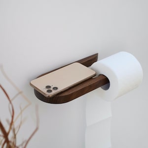 Porta carta igienica in legno fatto a mano con ripiano, porta rotoli di carta igienica in legno, ripiano per telefono da toilette, porta carta igienica in legno, moderno espositore per carta igienica