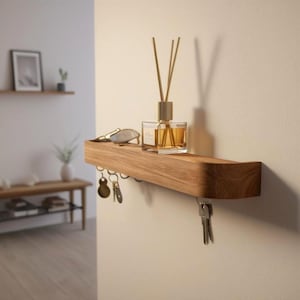 Wooden Minimalistic Key Holder – Solid Oak Entryway Shelf Rack with Hooks Magnets