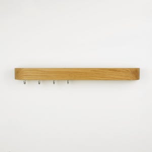 Simple coat rack from solid oak wood, entryway shelf rack and minimalistic key holder for decorating hallway walls and entry way storage.