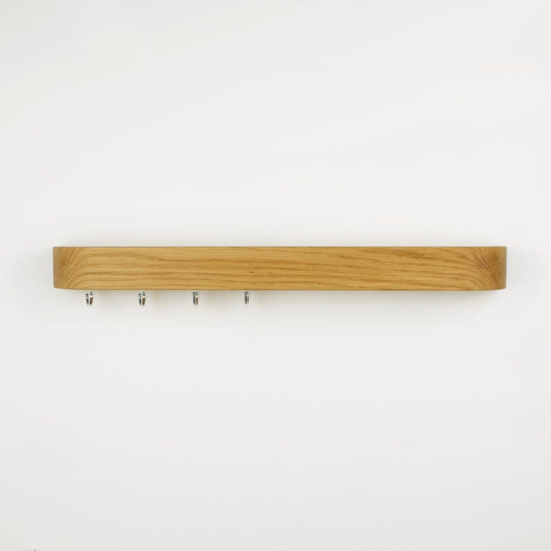 Simple coat rack from solid oak wood, entryway shelf rack and minimalistic key holder for decorating hallway walls and entry way storage.