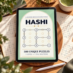 Hashi Puzzle Book: 500 Unique Bridge Puzzles | 5 Difficulty Levels | Printable A5 PDF with Solutions