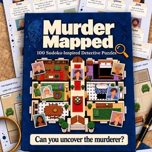 Puede incluir: Una caja de juego azul titulada Murder Mapped 100 Sudoku-Inspired Detective Puzzles con una ilustración de plano de planta, retratos de personajes y el texto Can you uncover the murderer?, rodeada de hojas de juego, una lupa dorada y un bolígrafo.