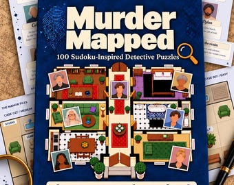 Könnte beinhalten: Eine blaue Spielschachtel mit dem Titel Murder Mapped 100 Sudoku-Inspired Detective Puzzles, einer Grundrissillustration, Charakterporträts und dem Text Can you uncover the murderer?, umgeben von Spielblättern, einer goldenen Lupe und einem Stift.