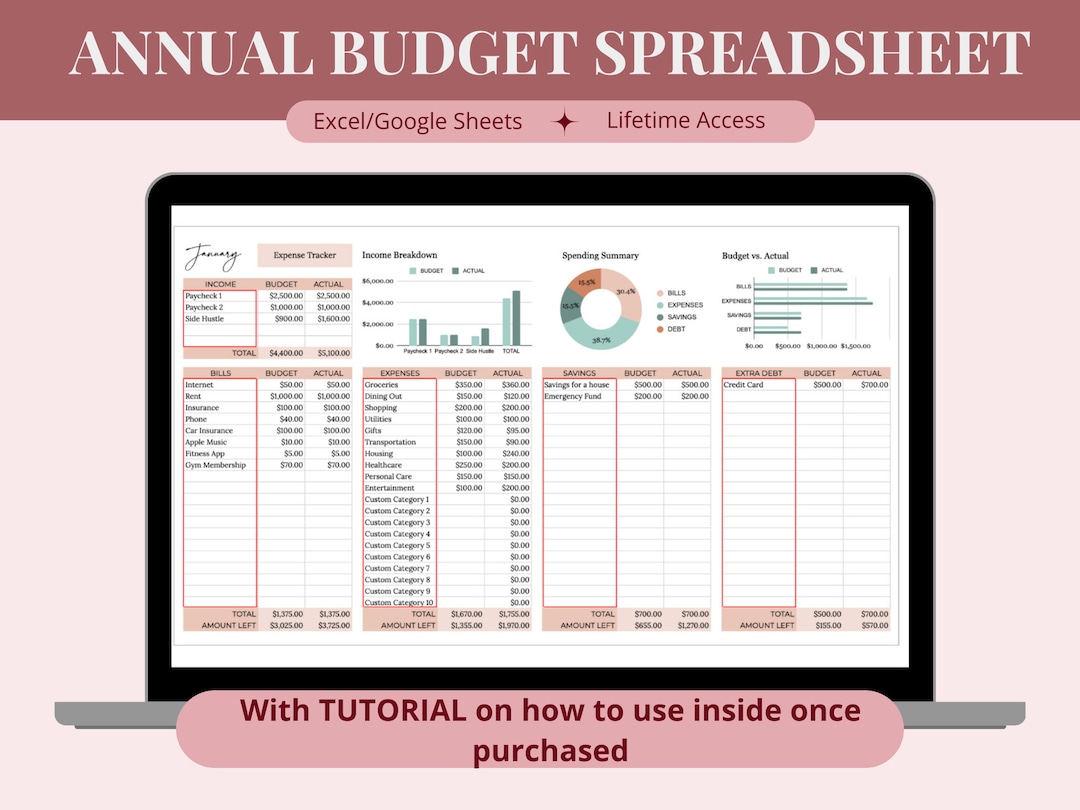 Annual Budget Spreadsheet Google Sheets Excel Easy Budget Tracker ...