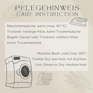 May include: A beige illustration with black outlines of a washing machine, dryer, and iron. The text reads "Pflegehinweis Care Instruction" and includes instructions for washing, drying, and ironing in both English and German.
