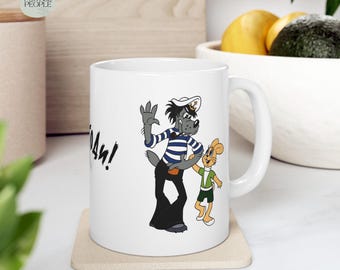 Nu Pogodi Morjak Tasse: weiße Keramiktasse mit Wolf & Hase, Lustiger russischer Comic