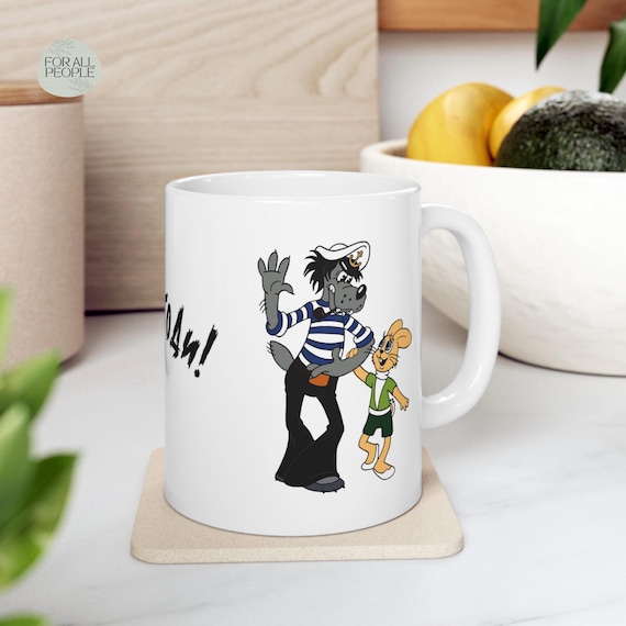 Nu Pogodi Morjak Tasse: weiße Keramiktasse mit Wolf & Hase, Lustiger russischer Comic