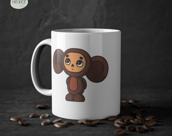 Cheburashka Tasse: weiße Keramiktasse mit Kult-Cartoon Print, película de dibujos animados retro rusa
