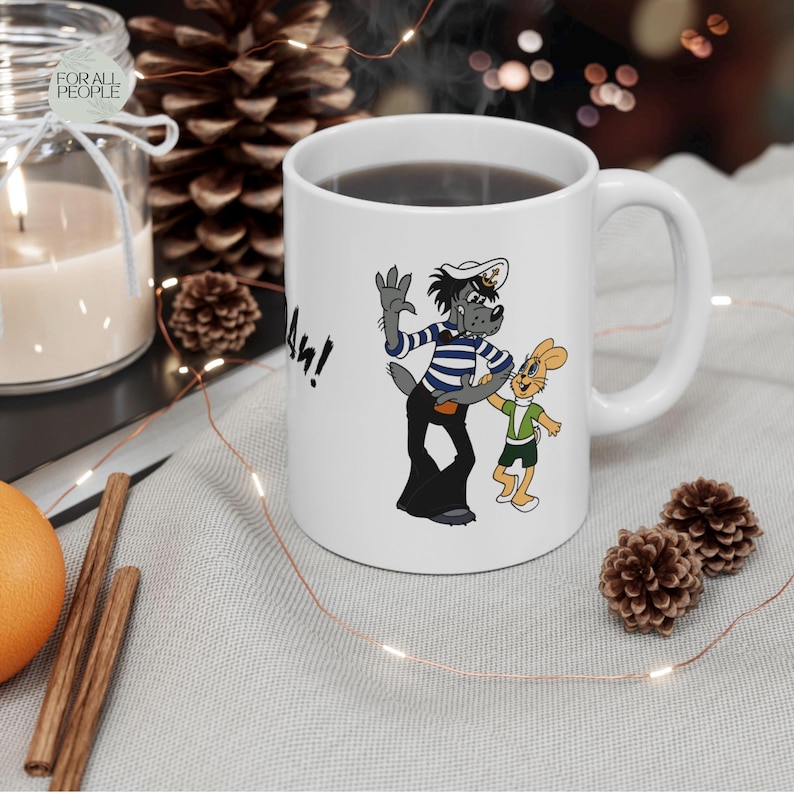 Nu Pogodi Morjak Tasse: weiße Keramiktasse mit Wolf & Hase, Lustiger russischer Comic image 4