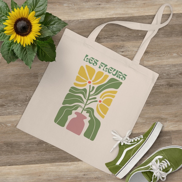 Les Fleurs Tragetasche | Les Fleurs Tote Bag | Blumen Stofftasche | 100 % Baumwolle | Botanical Tote Bag | Groovy Blumen Einkaufstasche