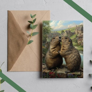 Tarjeta del Día de la Marmota, Día de San Valentín, descarga digital: Amor campestre, marmotes en un pueblo británico que capturan el adorable romance de la marmota