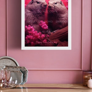 Digitale kaart Groundhog-marmote en kunst aan de muur en Valentijnsdag, liefdespaar, schattig, liefde, rood, roze, bloemen