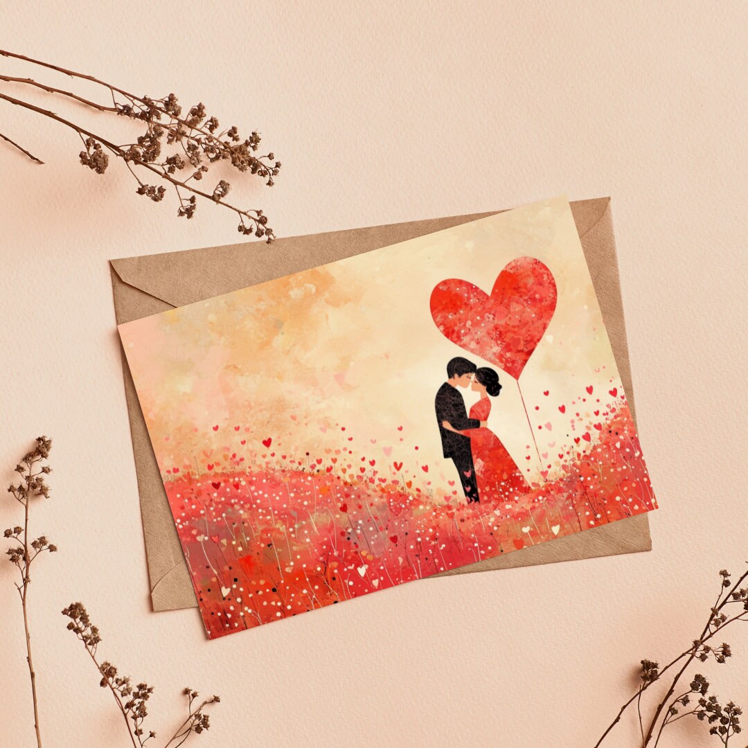 Printable Love Wall Art, Red Heart, Couple in a Field of Hearts - Etsy
