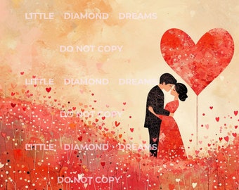 Printable love wall art, red heart, couple in a field of hearts