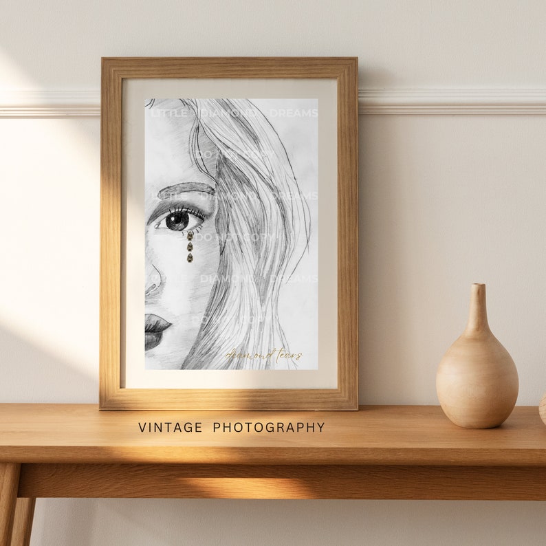 Pencil Drawing Printable Wall Art, Black and White Portrait of a Woman