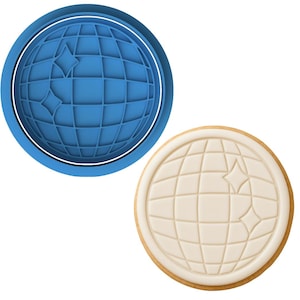 May include: A circular blue plastic cookie cutter featuring a grid pattern with two four-pointed star shapes, positioned next to a round cookie with white icing that displays the same embossed disco ball grid and star design on its surface.