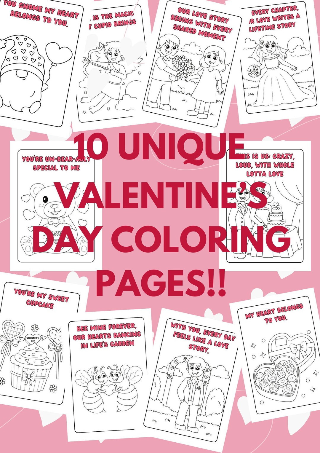 Valentines Day Coloring Pages, DIGITAL Printable Valentines Day