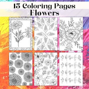 Puede incluir: Un conjunto de 15 páginas para colorear imprimibles con varios diseños de flores. Las páginas incluyen flores individuales, patrones florales y ramos.