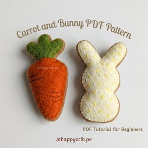 May include: A felt carrot and bunny pattern. The carrot is orange with green leaves and brown lines. The bunny is off-white with yellow and white sprinkles and a brown outline. Text reads "Carrot and Bunny PDF Pattern" and "PDF Tutorial for Beginners".