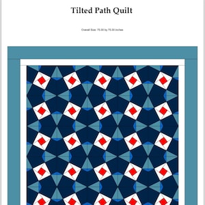 Może przedstawiać: Wzór patchworku z geometrycznym wzorem z czerwonych, białych, niebieskich i turkusowych trójkątów i kwadratów. Patchwork ma 75 cali na 75 cali.