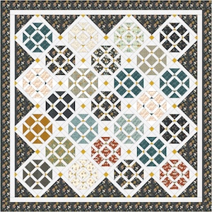 May include: A quilt pattern with a geometric design featuring a grid of white squares with black lines and gold accents. The squares are filled with various floral patterns in shades of blue, green, brown, and red.