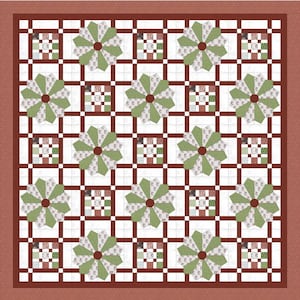 Pode incluir: Um edredom feito à mão com um padrão repetitivo de desenhos em forma de leque verdes e brancos, intercalados com pequenos blocos quadrados. O edredom apresenta um fundo branco com uma grade de linhas marrons e uma borda marrom.