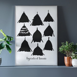 Puede incluir: Una ilustración en blanco y negro de pajares de diferentes formas y tamaños, con el texto "Haystacks of Romania" en la parte inferior de la imagen.