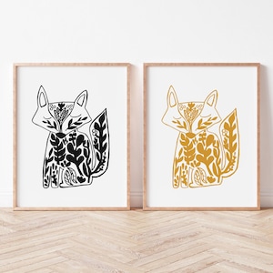 Minimalistischer Fuchs, Wandbild fürs Baby- oder Kinderzimmer, 4er-Set in Schwarz, Fuchs, Pink und Grün