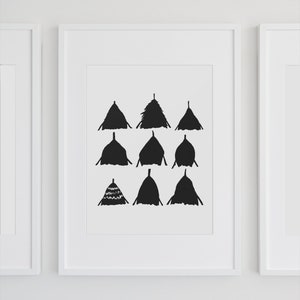 May include: Black and white print of nine abstract shapes resembling stylized trees or huts. The shapes are arranged in three rows of three.