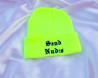 Send Nudes Embroidered Neon Green Beanie