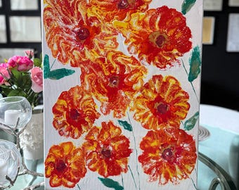 Fiery Blooms Original Acrylic Pour Painting | Red & Orange Floral Wall Art | Modern Abstract Flower Artwork | 24x18 Canvas