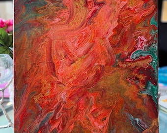 Original Orange & Red Acrylic Pour Painting – “Inferno’s Embrace” Fluid Art – Modern Abstract Wall Art – Ready to Hang – Home Decor
