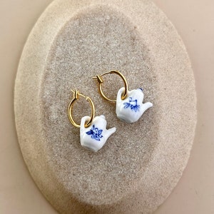 gold-plated hoop earrings with small ceramic teapot pendant | Tableware | Delft jewelry | Hoop earrings with white - blue pendant | Gift