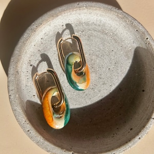 gold-plated, oval hoop earrings with colorful ceramic pendants | Rectangular hoop earrings | orange green ceramic pendant | large hoop earrings | Gift