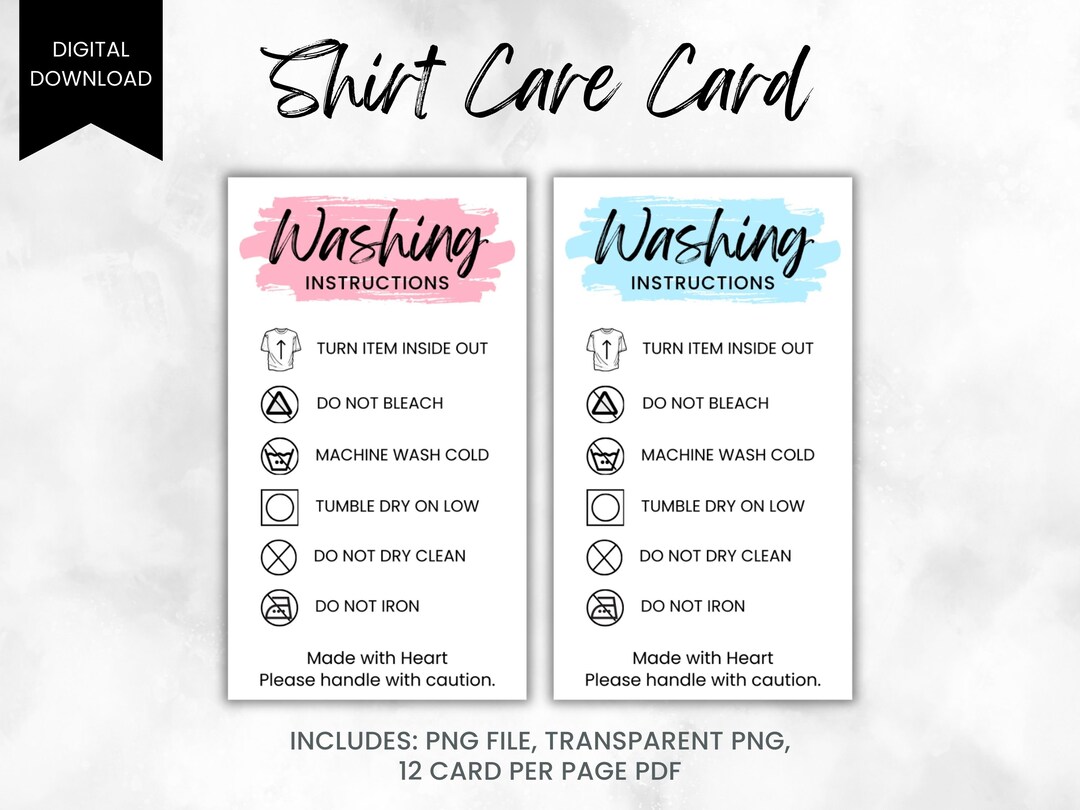 Washing Care Instructions Card, Shirt Care Card, Clothing Care