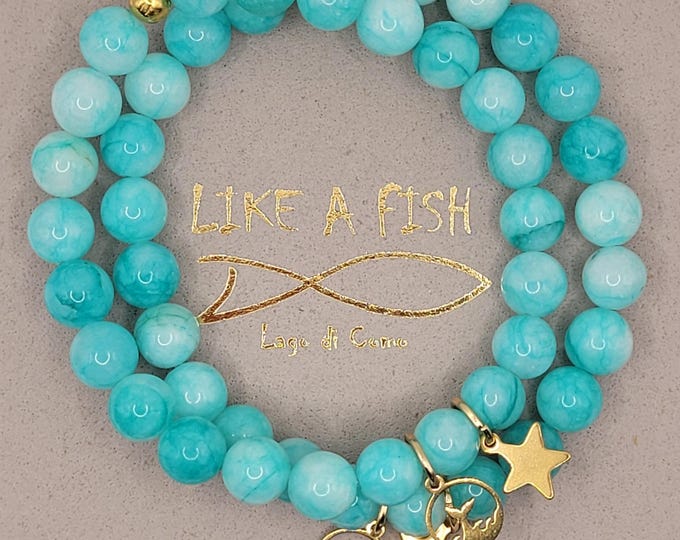 "Lake Como Mermaid" bracelet with Amazonite stone and hypoallergenic gold-plated steel inserts.