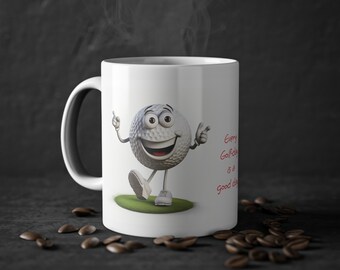 Coffee Cup "Golfy" - Lesson #1 (white, glossy - cartoon, text: Every Golf-Day is a good day!)