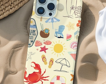 May include: A white iPhone case with a colorful beach-themed design. The design includes a crab, a surfboard, a coconut, a starfish, a watermelon, and the text "Chillin' by the Sea".