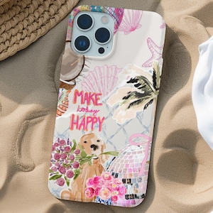 May include: A white phone case with a colorful design featuring a dog, flowers, and the text "Make today happy".