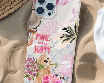 May include: A white phone case with a colorful design featuring a dog, flowers, and the text "Make today happy".