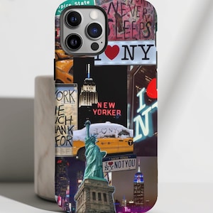 New York City collage telefoonhoesje, Downtown City Girl esthetiek, stijlvol hoesje, iPhone 16 15 14 Pro Max 8 Plus X, Samsung Galaxy S24 S23 Ultra