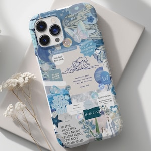 May include: A blue and white phone case with a collage of inspirational quotes and images, including butterflies, waves, and stars. The text on the case includes "Faith Over Fear", "Not luck, Just God", and "If it's pulling you away from God, it's not from God."