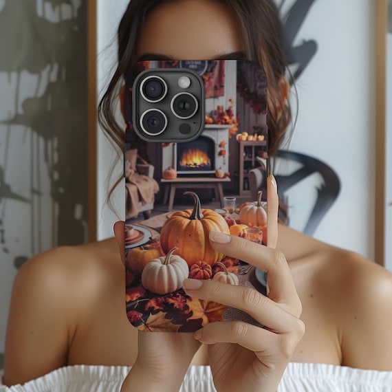 Cozy Fall Fireplace Phone Case, Cozy Autumn Aesthetic, Fall Leaves, iPhone 16 15 14 13 12 Pro Max 8 Plus X, Samsung Galaxy S24 S23 S22 Ultra