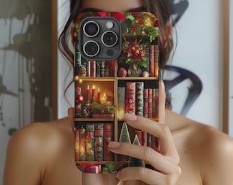 Bookish Christmas Bookshelf Phone Case, Christmas Case, Holiday, iPhone 16 15 14 13 12 11 Pro Max 8 Plus X, Samsung Galaxy S24 S23 S22 Ultra