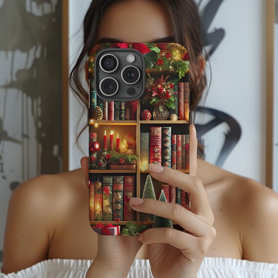 Bookish Christmas Bookshelf Phone Case, Christmas Case, Holiday, iPhone 16 15 14 13 12 11 Pro Max 8 Plus X, Samsung Galaxy S24 S23 S22 Ultra