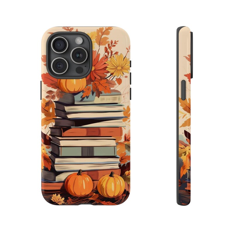 May include: A phone case with a fall-themed design featuring a stack of books, pumpkins, and autumn leaves. The case is designed for an iPhone.